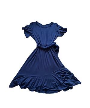 REB in J Navy Blue Ruffle Hem Flutter Sleeve Tie Waist Short Sleeved Midi Dress